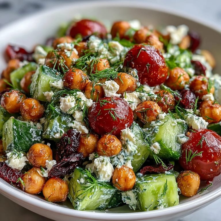 Vibrant Mediterranean salad featuring tender chickpeas, crunchy Persian cucumbers, sweet cherry tomatoes, and tangy feta tossed with fresh parsley and dill in a bright lemon vinaigrette.  