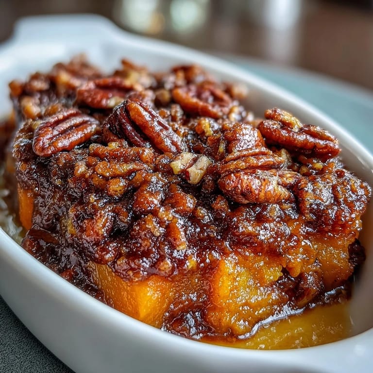 Classic candied yams casserole with maple syrup glaze and crunchy pecan streusel topping, a must-have for festive gatherings.