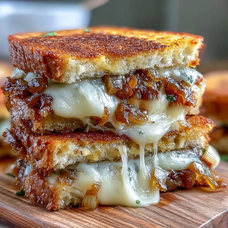 Rich Gruyere cheese blends with buttery caramelized onions for a comforting sourdough grilled cheese sandwich.