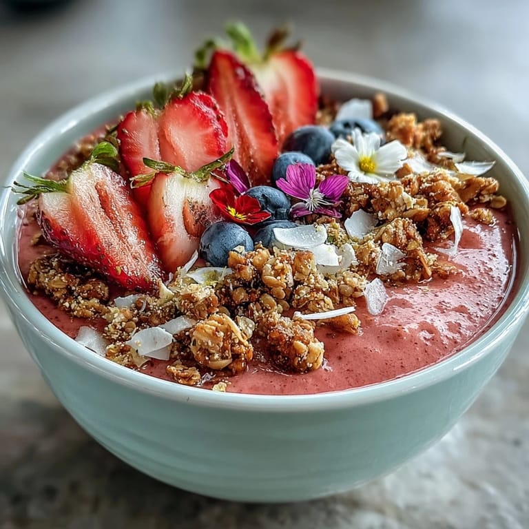 A creamy strawberry smoothie bowl layered with crunchy granola and colorful fruit, making a stunning centerpiece for your Galentines brunch spread.