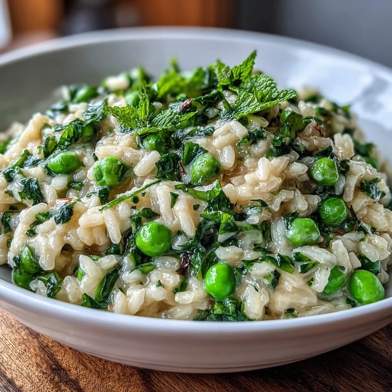 Creamy Spring Pea and Mint Risotto with Parmesan offers a perfect balance of sweet peas, zesty mint, and savory cheese in a classic Italian comfort food.
