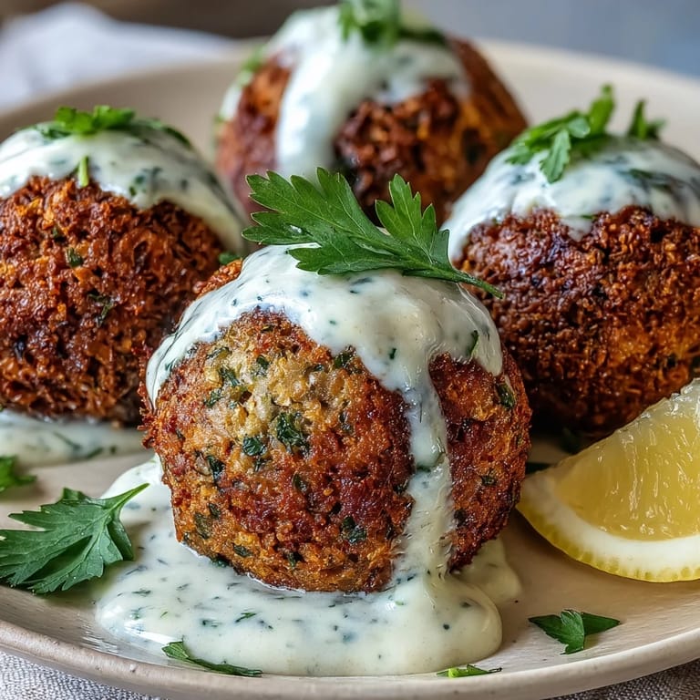 Freshly made falafel balls paired with creamy, herb-packed green tahini sauce in a healthy vegan recipe.  