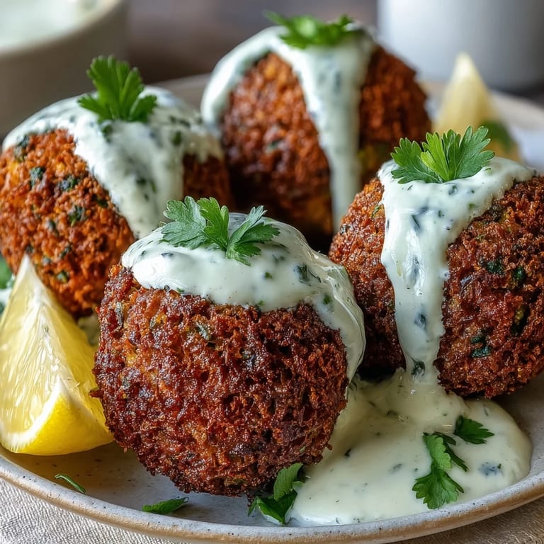 Herby falafel with a crunchy exterior and smooth green tahini sauce, perfect for appetizers or grain bowls.