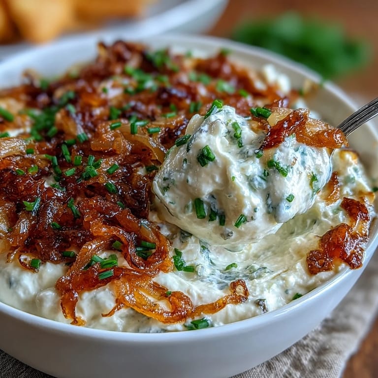 A bowl of Creamy Caramelized Onion Dip with Greek Yogurt Base, garnished with fresh chives and served with crispy potato chips.