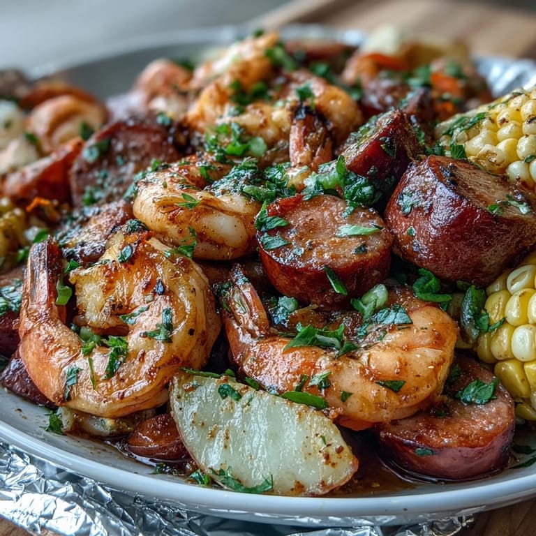 Colorful foil packet dinner featuring succulent shrimp, smoky sausage, and fresh vegetables, all seasoned with zesty Old Bay for a Southern-inspired feast.  