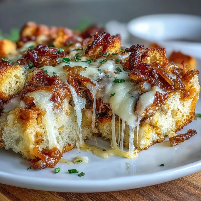 Baked chicken thighs nestled in a savory French onion sauce, crowned with crispy sourdough cubes and bubbling cheese for ultimate comfort.