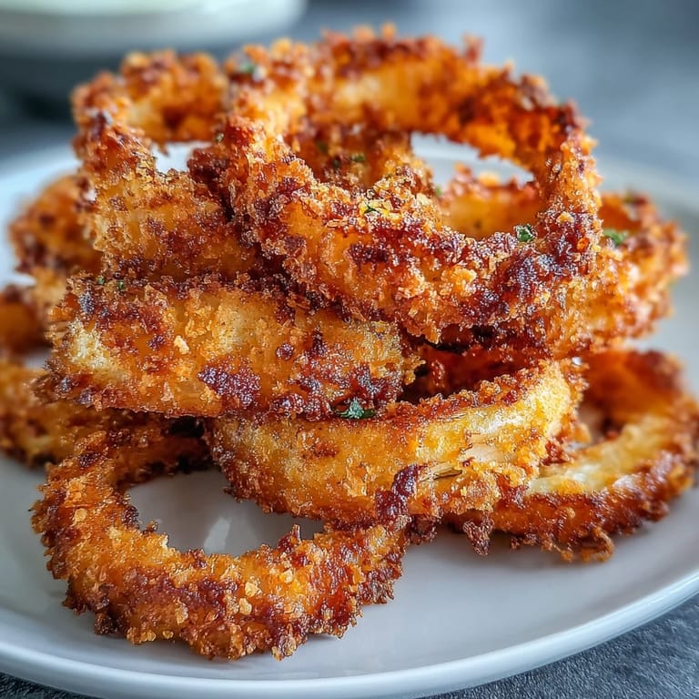 Oven-baked onion rings served with creamy, smoky paprika dip, a healthier twist on the classic fried favorite.  