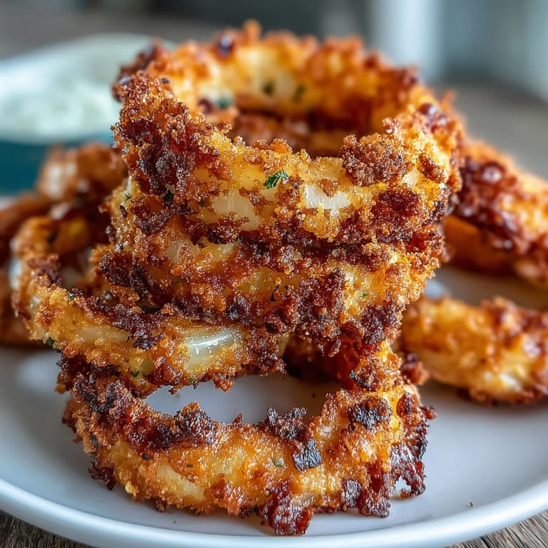 Golden brown baked onion rings paired with rich smoky paprika dip, an irresistible appetizer that's easy to make and share.