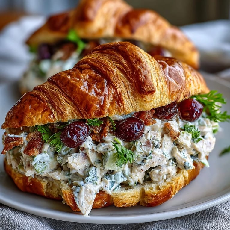 Buttery croissants stuffed with tender chicken, sweet red grapes, and fresh herbs, ideal for a refreshing lunch or outdoor gathering.