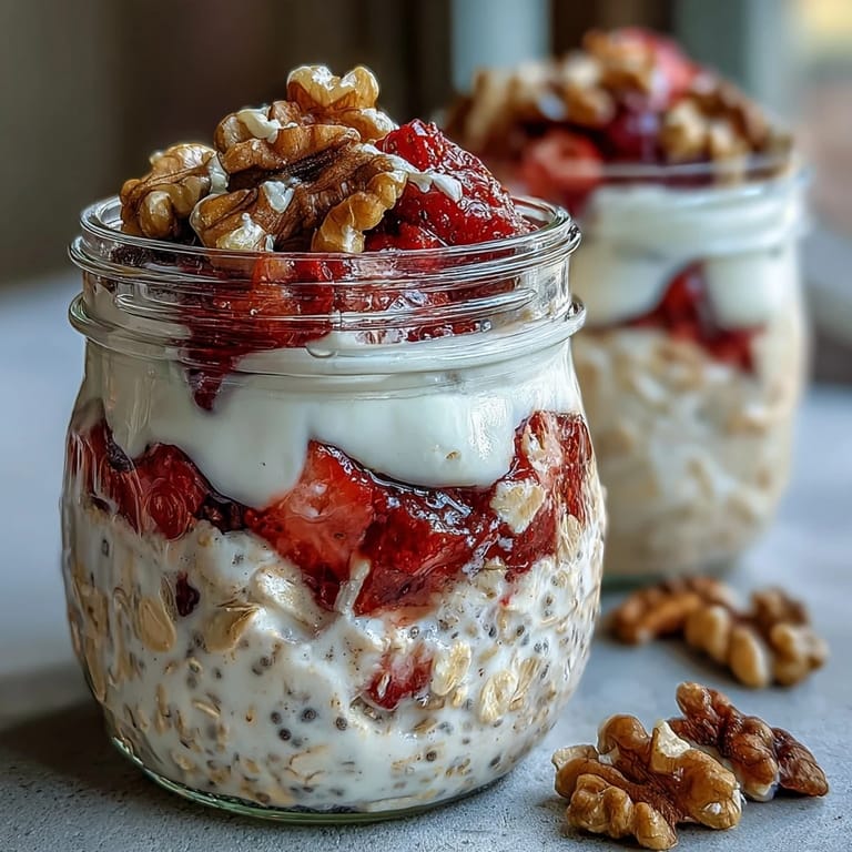 Nutty, fruity strawberry banana bread overnight oats with walnuts, ideal for meal prep or brunch.