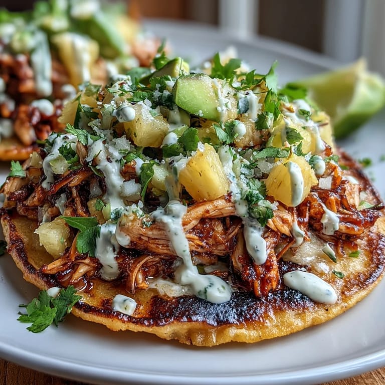 Golden baked chicken, zesty pineapple salsa, and creamy lime crema layered on crunchy tostadas—bursting with bold, Mexican-inspired flavors.  