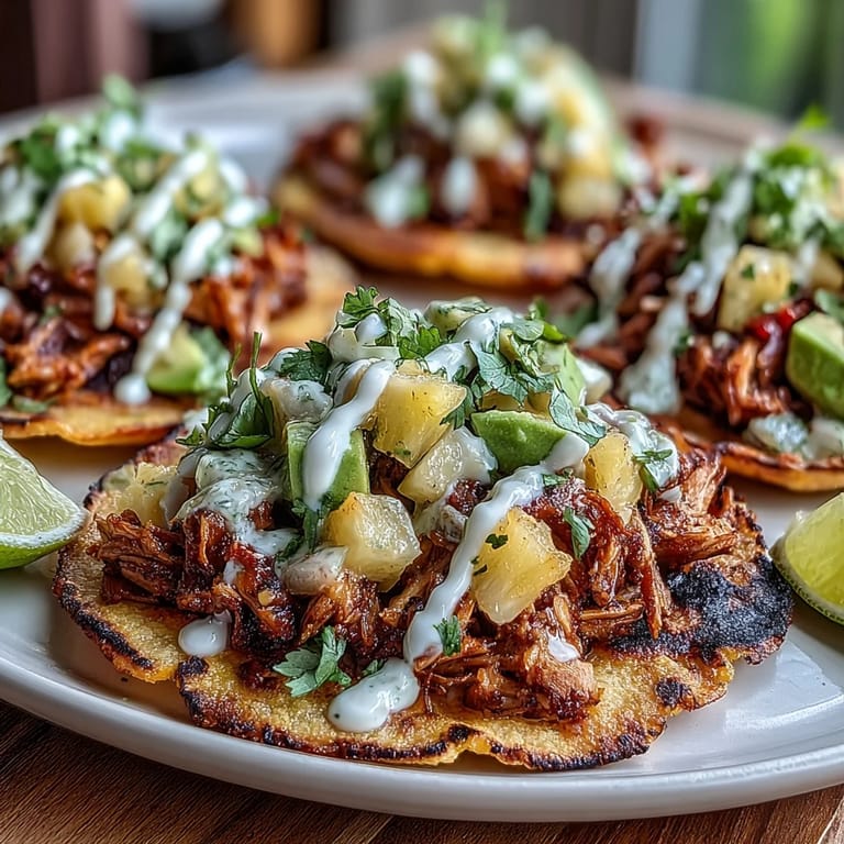 Topped with tender shredded chicken, sweet pineapple salsa, and smooth lime crema, these tostadas are a colorful, flavor-packed dinner delight.