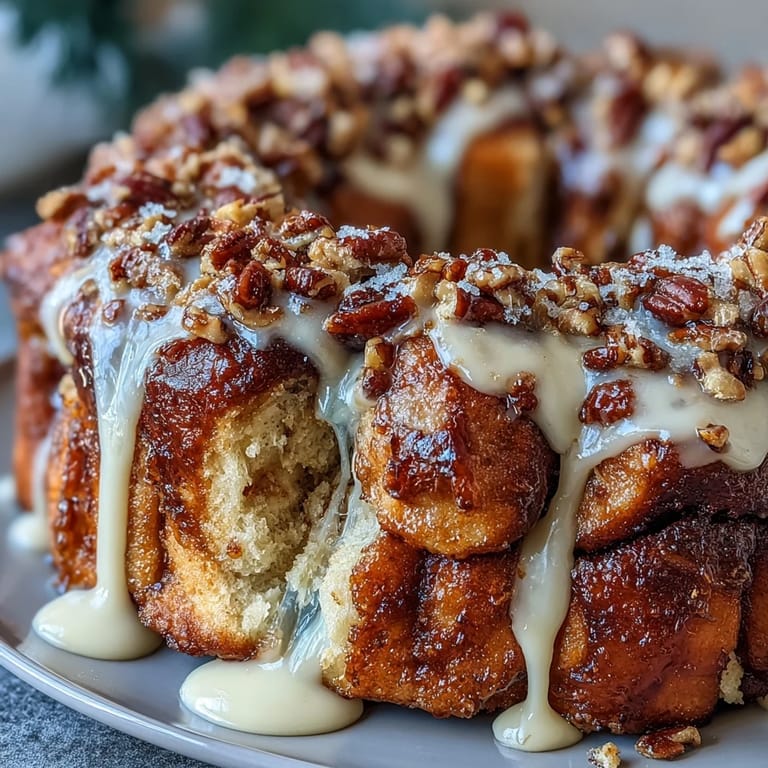 Festive pull-apart monkey bread with purple, green, and gold sugars, served warm with rich cream cheese glaze.