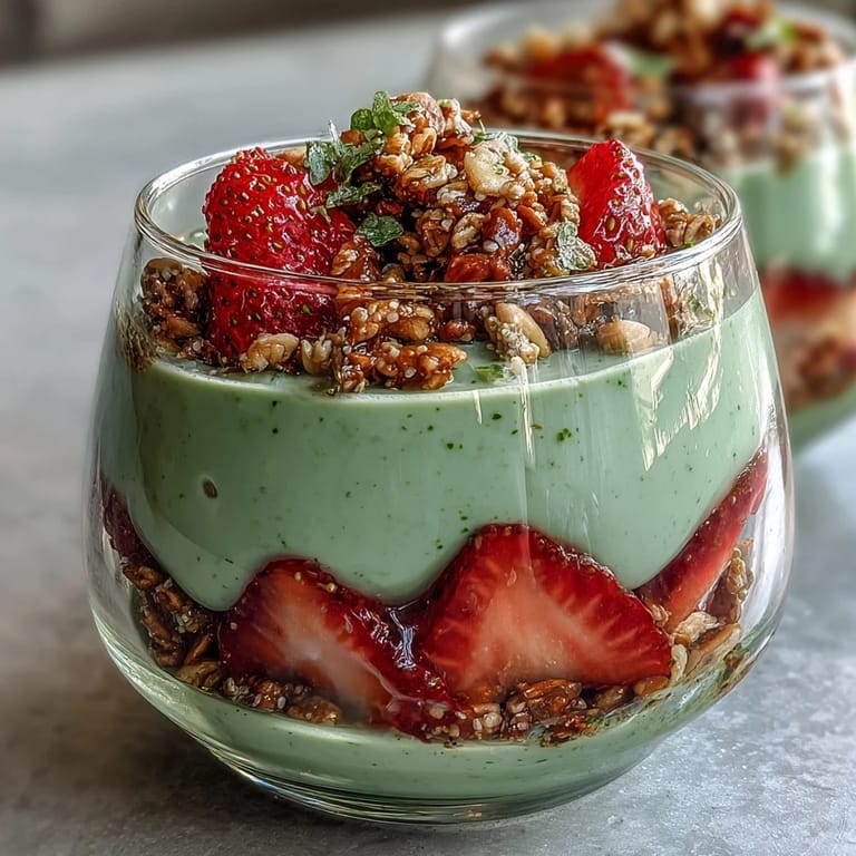 Vibrant matcha yogurt parfait with strawberries and crunchy granola, perfect for a refreshing and healthy snack.