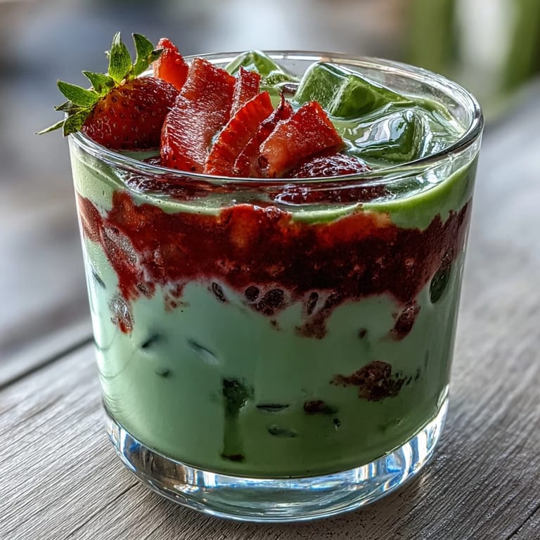 Homemade strawberry matcha latte featuring fresh strawberry puree, rich matcha, and cold milk—an easy, stunning layered drink.