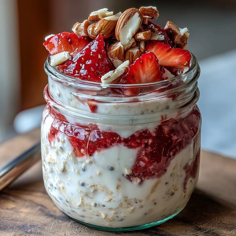 Velvety vanilla protein oats mixed with strawberries, ready to enjoy as a make-ahead, high-protein breakfast treat.