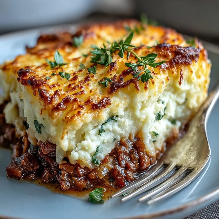 Comforting lentil and mushroom Shepherds Pie with a rich vegetable filling, crowned with smooth, buttery mashed potatoes.