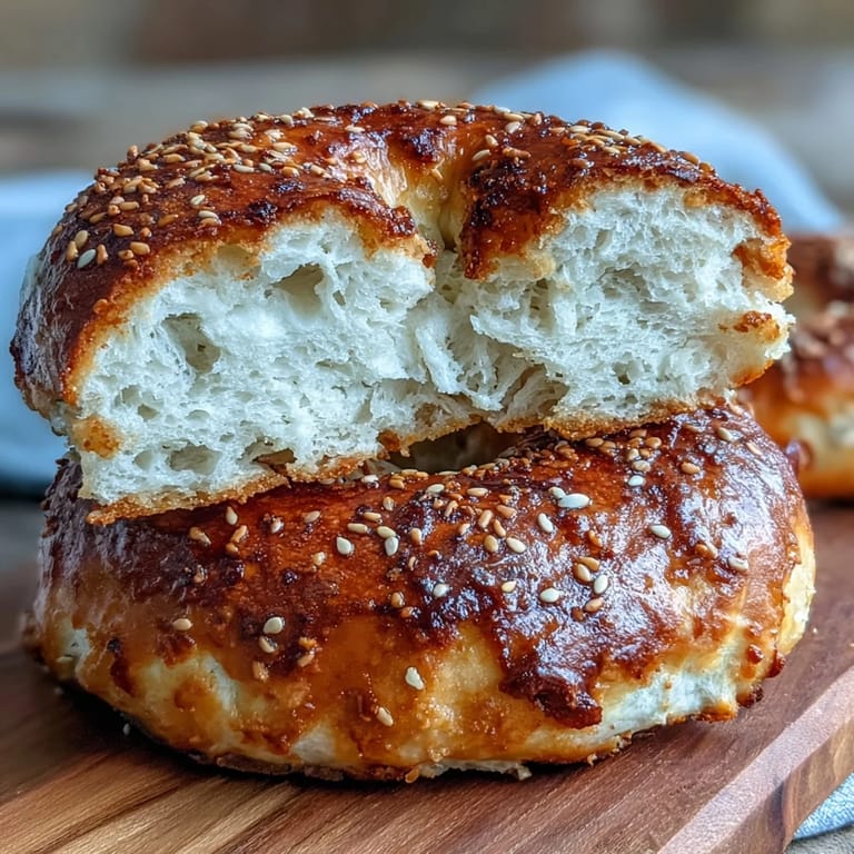 Soft and chewy homemade bagels crafted from Greek yogurt and flour, shaped by hand and baked to golden perfection for a quick morning treat.