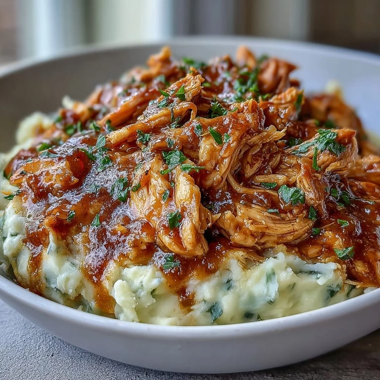 Tender shredded chicken slow-cooked with ranch seasoning, au jus, and pepperoncini peppers, served atop rich garlic mashed potatoes.  