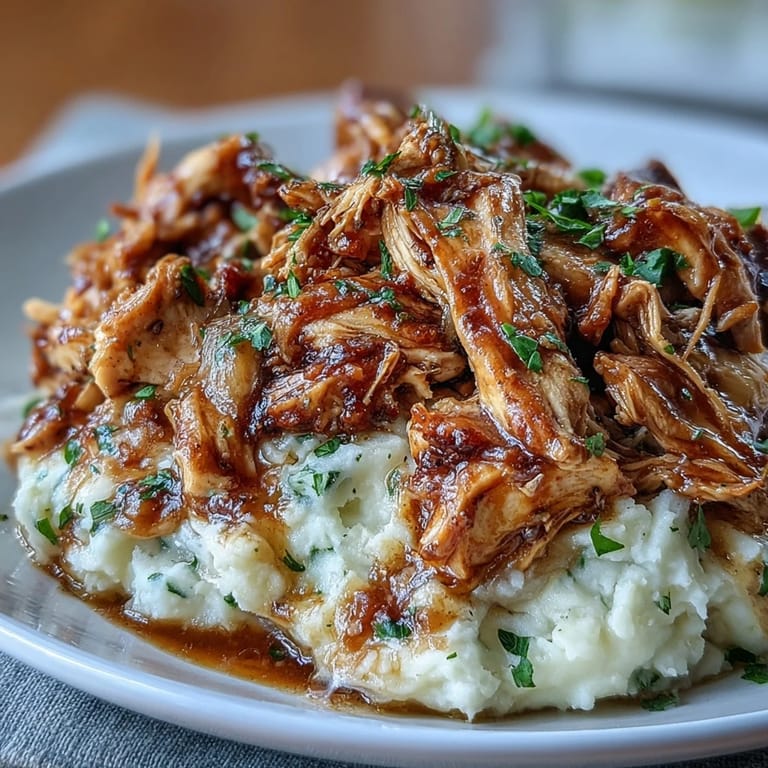 Comforting Southern-style Mississippi chicken slow-cooked to perfection, paired with smooth garlic mashed potatoes and garnished with fresh parsley.