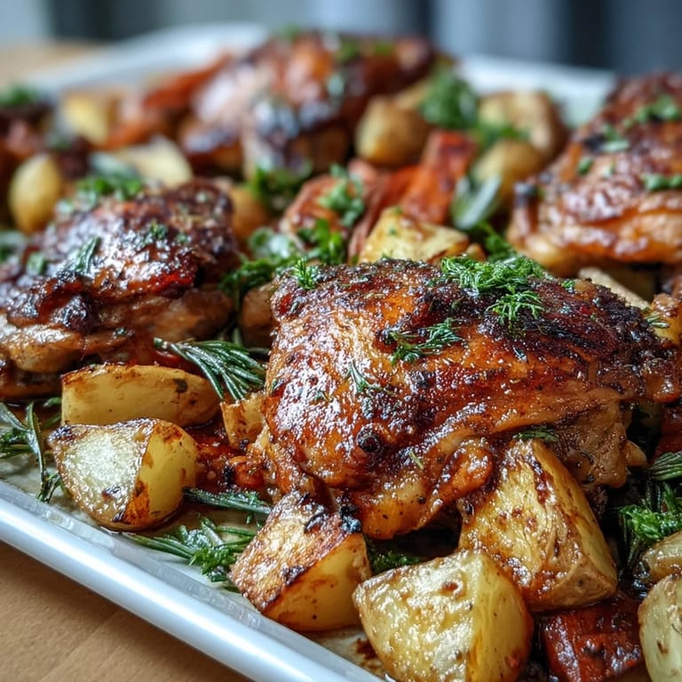 Golden roasted chicken thighs and colorful carrots and potatoes make a simple, wholesome sheet pan dinner for busy weeknights.
