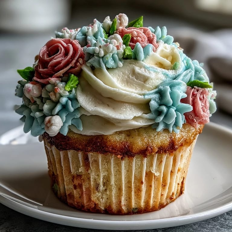 Beautiful vanilla cupcakes topped with vibrant pastel buttercream flowers, piped with intricate rose and blossom designs for a sweet dessert display.