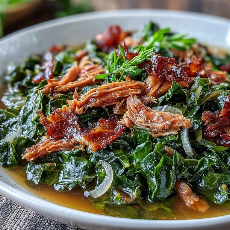 Close-up of soul food collard greens with smoked turkey, onions, and savory broth in a rustic cast iron pot.