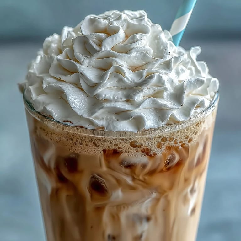 Close-up view of a blended Iced Vanilla Bean Frappuccino with coconut whipped cream, garnished with a sprinkle of vanilla bean powder and served with a straw.