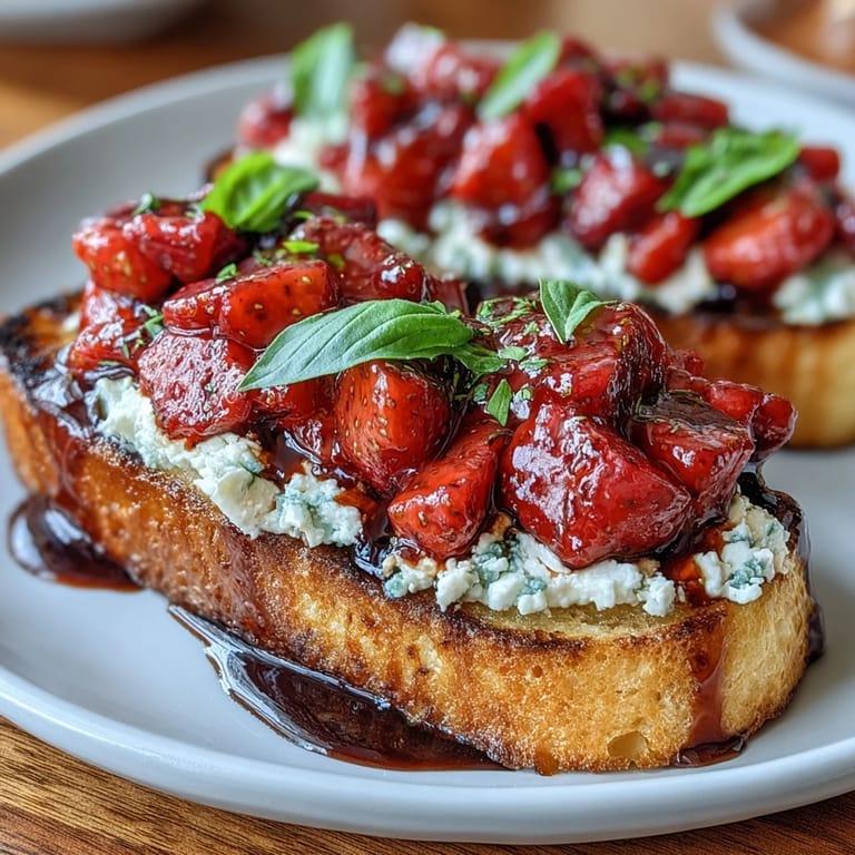 Sweet and savory balsamic strawberry bruschetta toasts drizzled with tangy glaze and topped with juicy diced strawberries.