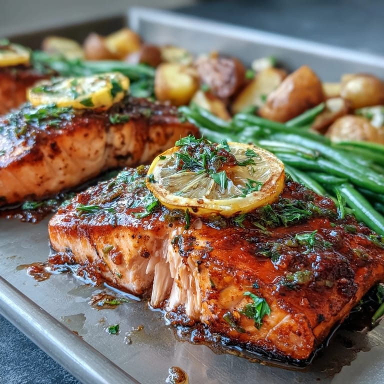 Golden salmon, perfectly cooked and flaky, served alongside roasted baby potatoes and vibrant green beans, creating a healthy and satisfying dinner.