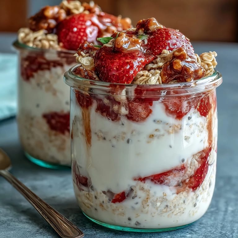Wholesome strawberry overnight oats topped with vibrant chia seeds and golden granola for a satisfying, healthy start.