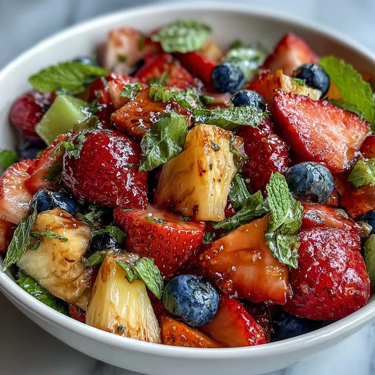 Colorful strawberry lemonade fruit salad with juicy berries, grapes, and citrus zest, perfect for picnics and warm-weather gatherings.