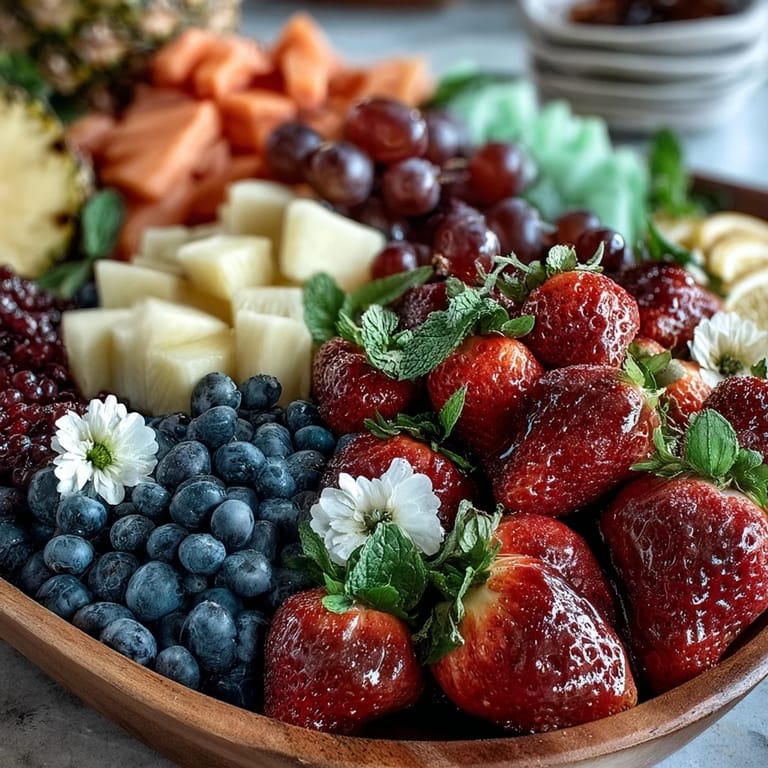 An elegant fruit arrangement with edible flowers, creating a stunning and delicious display for any celebration.
