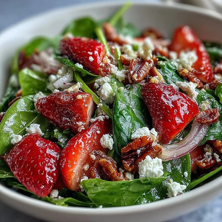 Fresh strawberry spinach salad tossed with tangy balsamic vinaigrette, topped with creamy goat cheese crumbles and crunchy candied pecans for a delightful spring side dish.