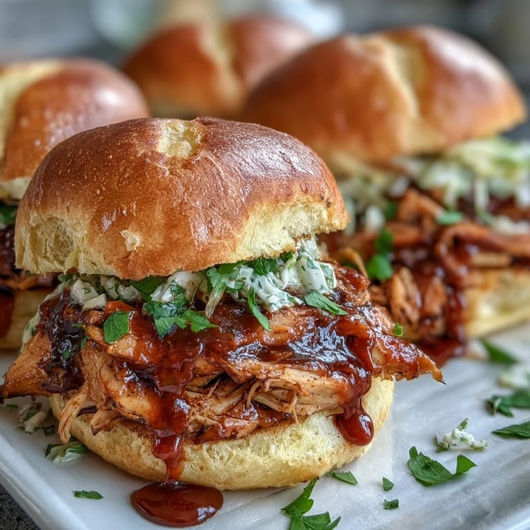 Tender pulled BBQ chicken smothered in tangy sauce, topped with crisp coleslaw and served on warm sandwich buns.
