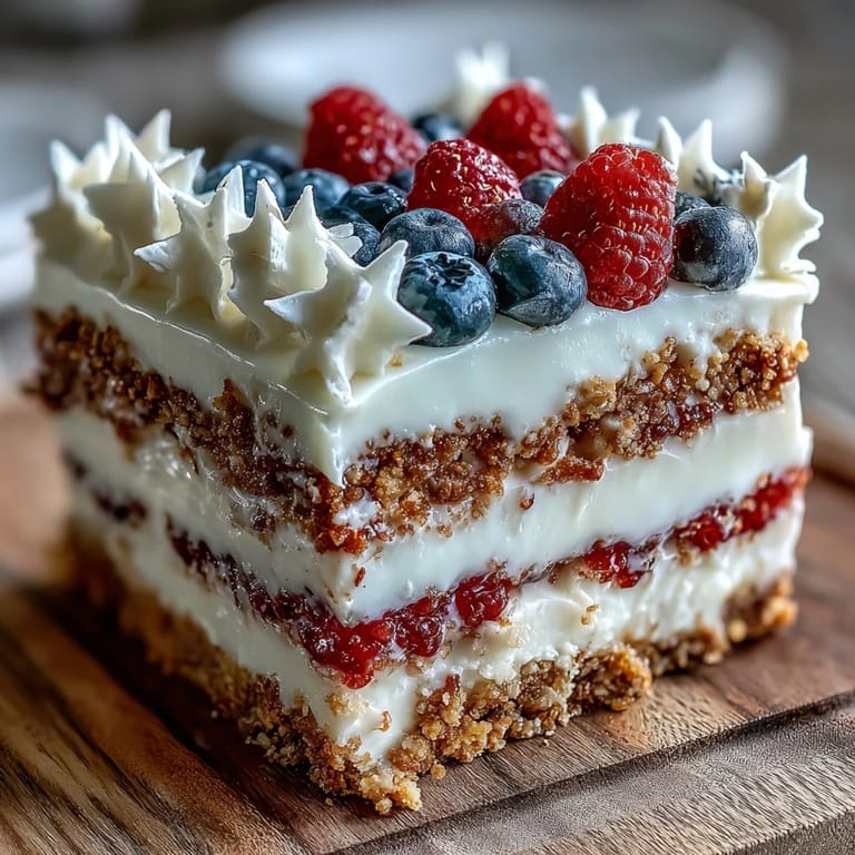 Creamy no-bake cheesecake topped with fresh blueberries and strawberry stripes, creating a stunning American flag design for Independence Day celebrations.