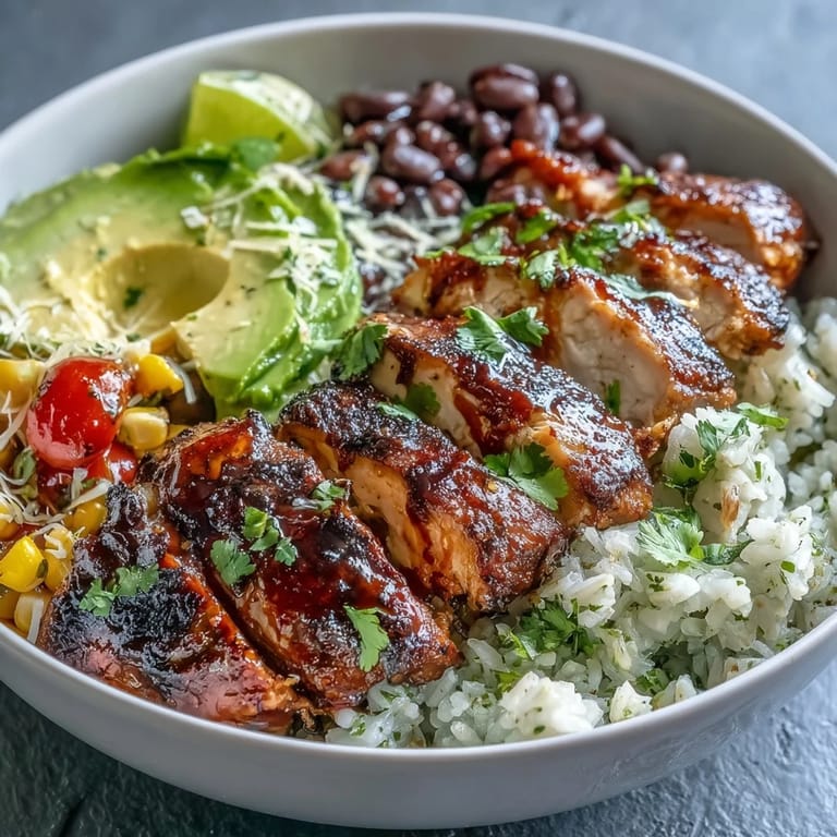 Savory High Protein Chicken Burrito Bowl piled high with beans, veggies, and avocado.