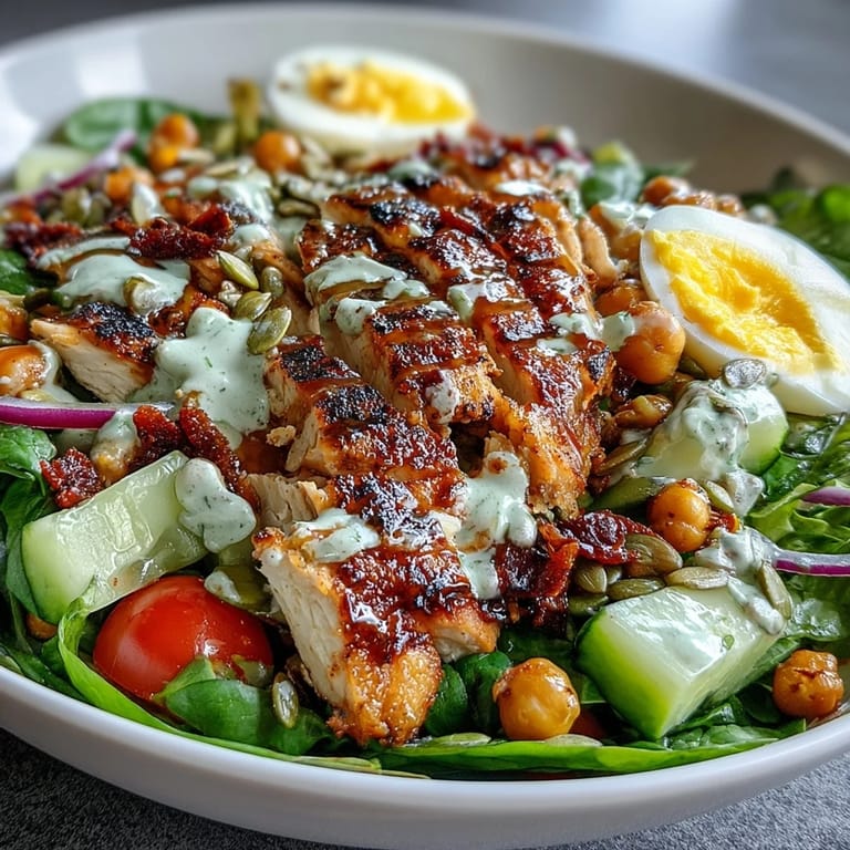 Healthy High Protein Salad for Weight Loss featuring fresh greens, chicken, and creamy lemon dressing.