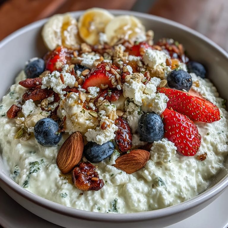 Easy cottage cheese breakfast bowl, topped with nuts, seeds, and granola.