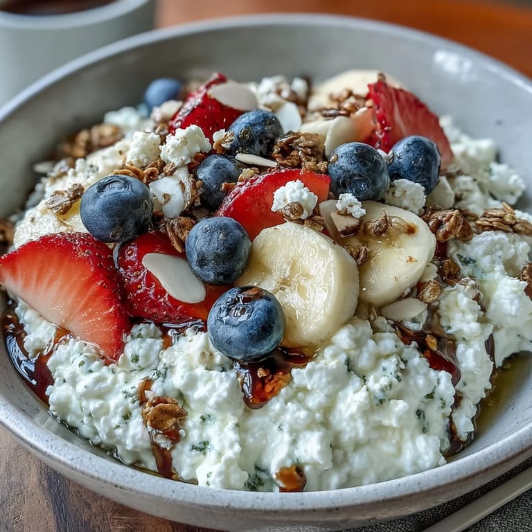 Hearty cottage cheese breakfast bowl, a protein-rich start with fresh fruit.