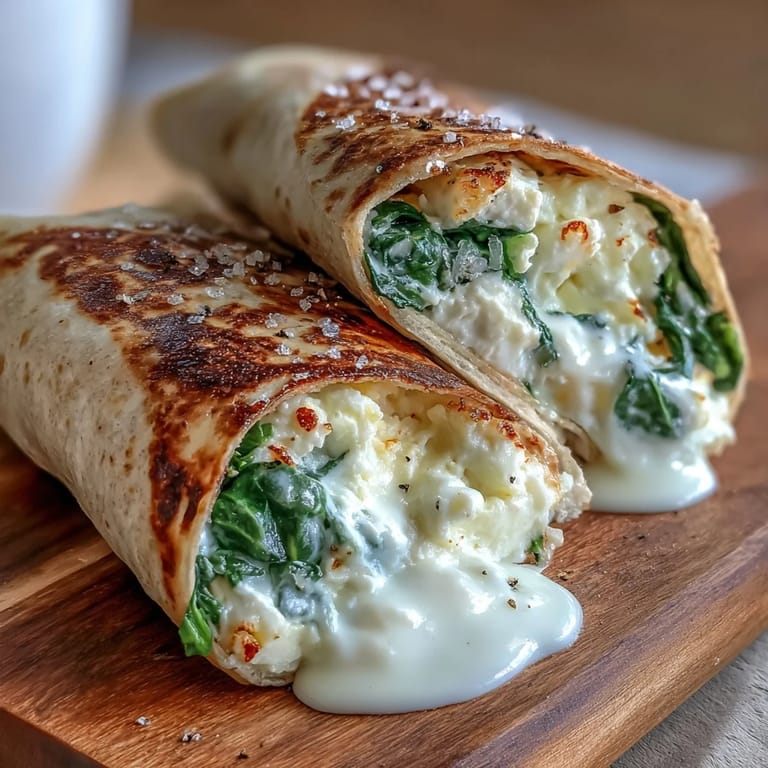 Quick, protein-rich breakfast wrap with tender egg whites, fresh spinach, and gooey low-fat cheese in a soft tortilla.