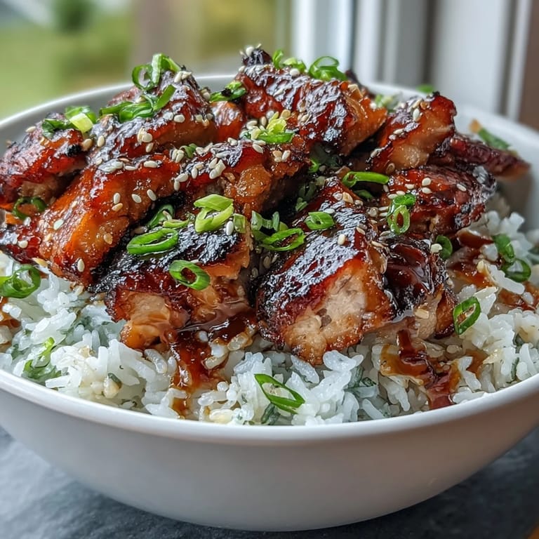 High-protein sticky chicken rice bowl topped with sesame seeds and sliced green onions.