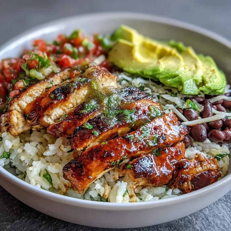 Colorful high-protein burrito bowl with tender chicken, brown rice, black beans, fresh salsa, and optional avocado and cheese for a satisfying meal.