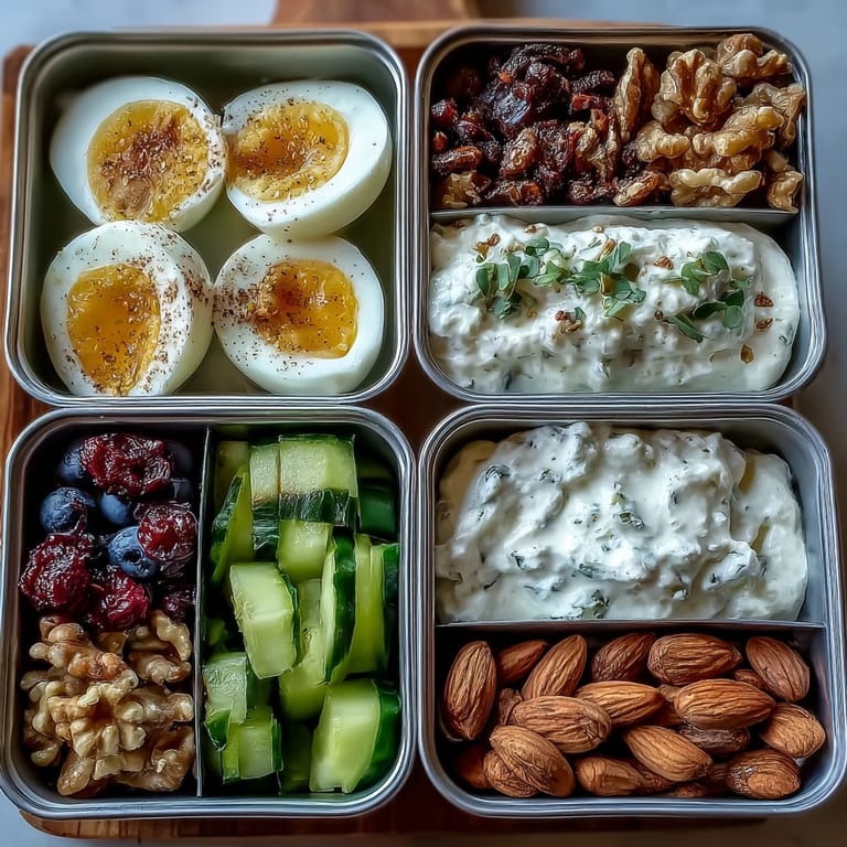 A colorful snack box filled with protein-packed eggs, creamy yogurt, and fresh berries for healthy snacking.