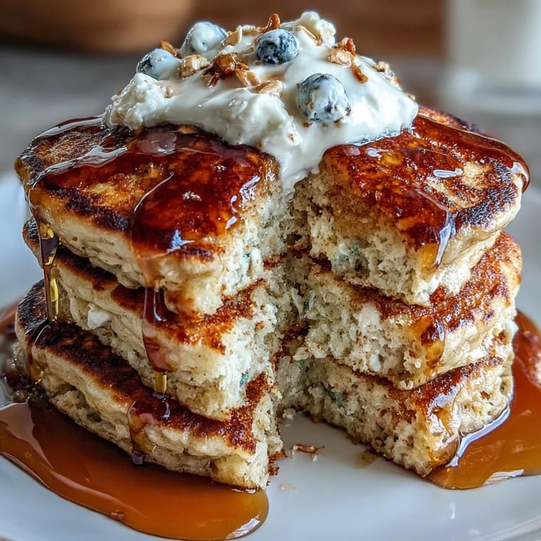 Golden-brown 30g protein pancakes stacked high, drizzled with sugar-free syrup for a satisfying, muscle-building morning meal.