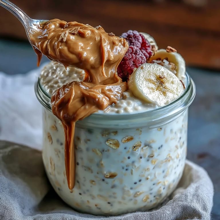 Vanilla protein powder overnight oats with sliced banana and almond butter, a satisfying high-protein breakfast option.