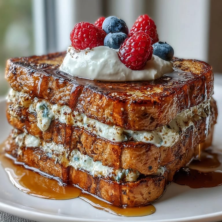 High-protein French toast slices served with a dollop of Greek yogurt and vibrant mixed berries for a healthy breakfast.  