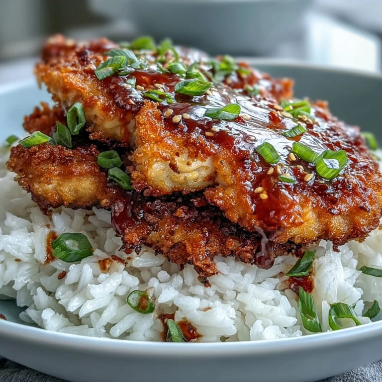 Air-fried crispy chicken and steamed rice bowl, topped with green onions and sesame seeds for a delicious, satisfying meal.