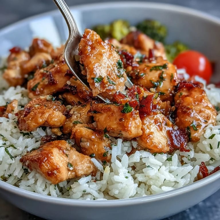 Savory lemon garlic chicken bowl featuring juicy chicken, crisp vegetables, and fragrant rice in a bright citrus sauce.