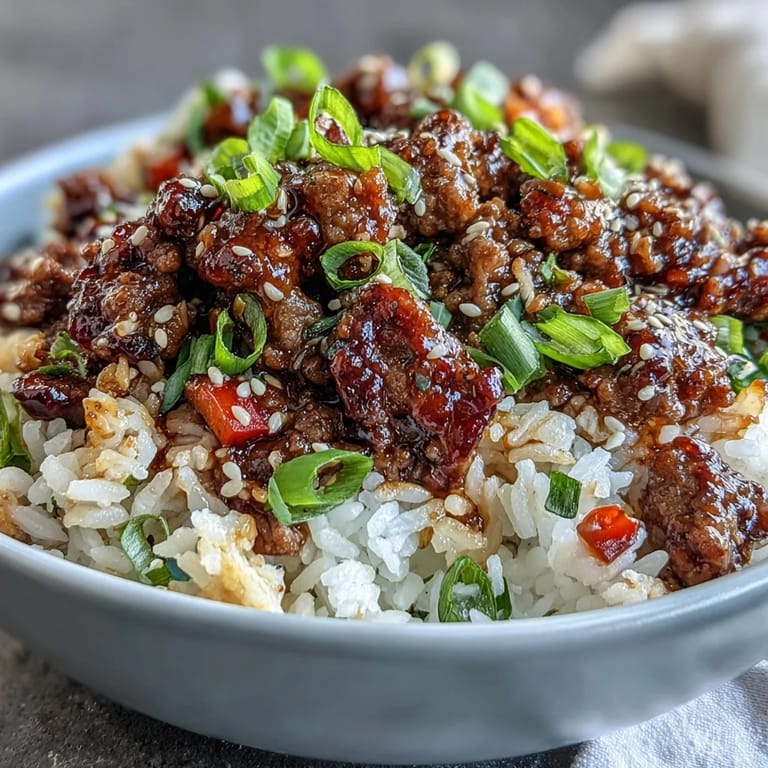 Savory ground beef simmered in spicy chili garlic sauce, spooned over steaming rice with sesame seeds and fresh cilantro for a vibrant, flavorful meal.